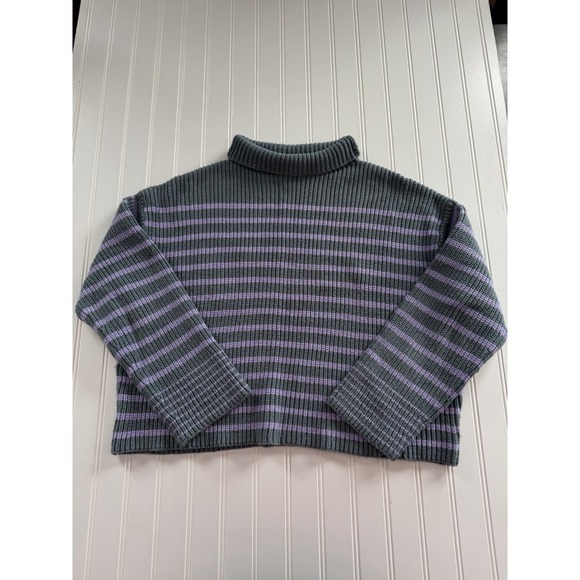 Ann Taylor Womens L Teal Purple Striped Pullover Turtleneck Sweater - Picture 2 of 8